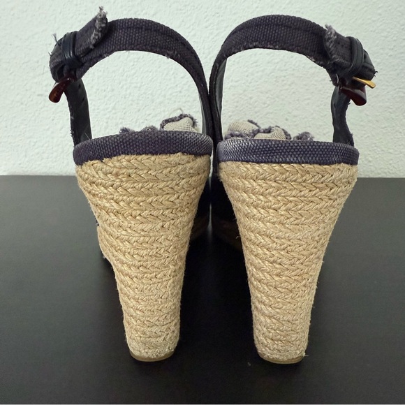 PRADA Navy Denim Bow Detail Logo Slingback Espadrille Wedge Sandals - Picture 6 of 12